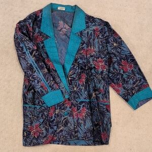 Silk Vintage Thai Blazer Floral Patterned Blazer with Teal Accents